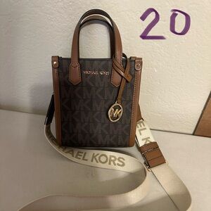 Michael Kors Brown/Chestnut MK Monogram Mini Tote with Cream Strap